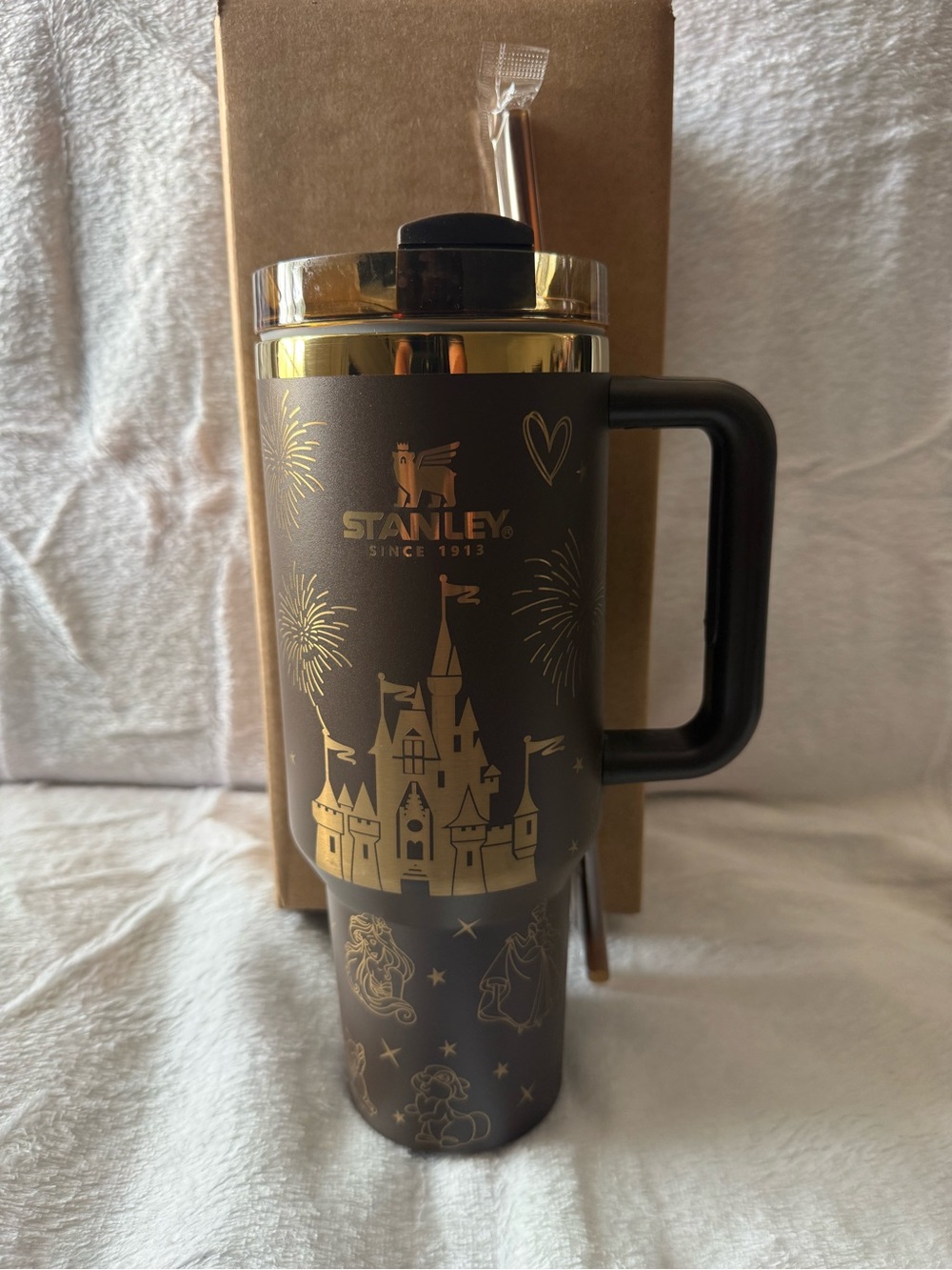 New Stanley 40oz Brown and Gold Magical Castle Tumbler with Brown Straw